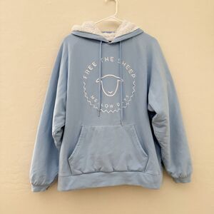 Free The Sheep Mellow Days Hoodie Small Blue Sherpa Lined Embroidered Oversized